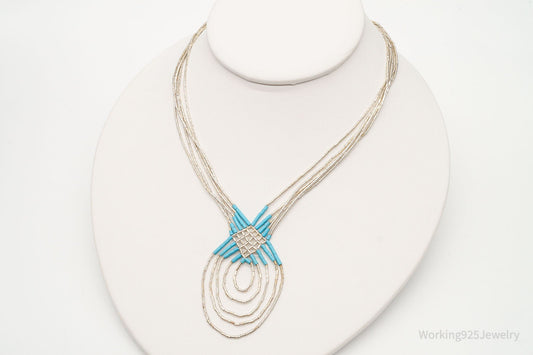 Vintage Native American Blue Turquoise Bead Sterling Silver Necklace