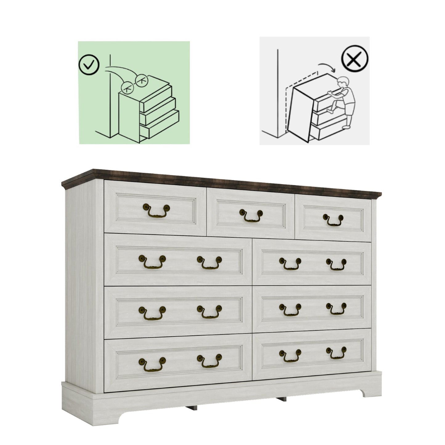 Dresser Farmhouse 9-Drawer Antique Gray MDF Brass Handles 55.1x37.2 In
