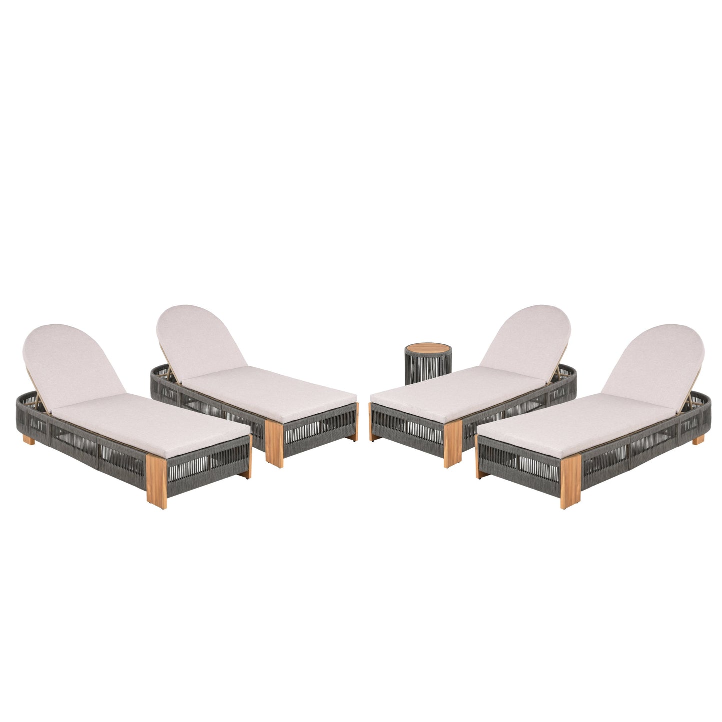 Outdoor Rope Lounge Set with Adjustable Backrest Teak Side Table Beige Cushions