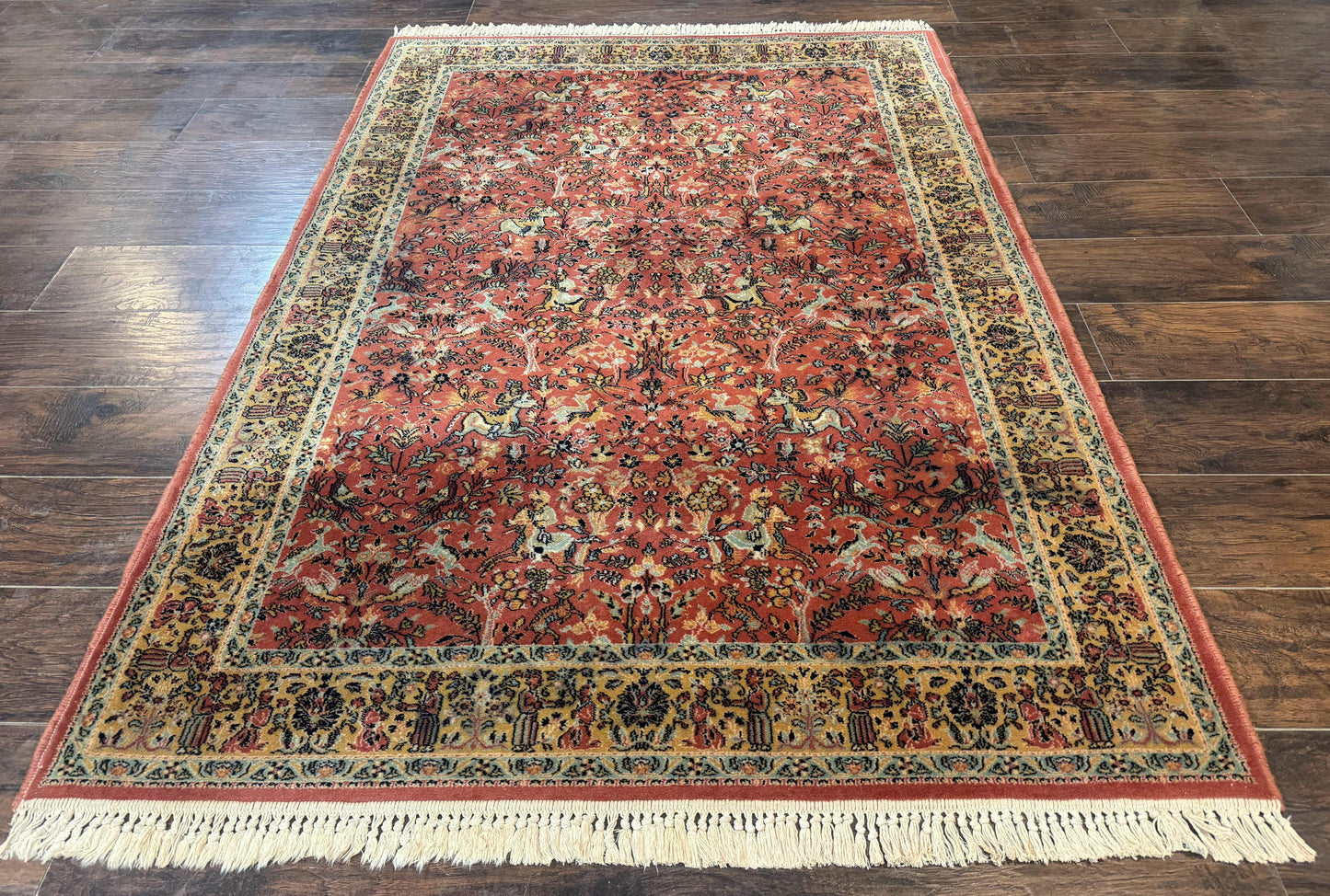 The Sporting Estate Antique Belgian Hunting Scene Rug — Red-Orange & Teal