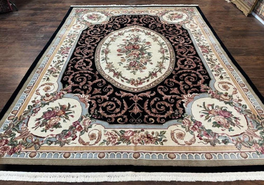 Aubusson Rug 8x10, Floral, Wool Pile, Elegant, European Design, Handmade, Fine