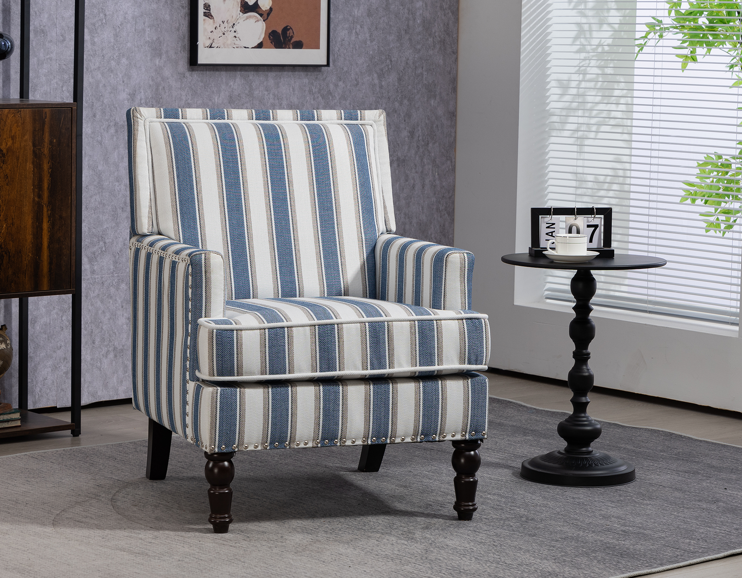 Accent Chair Vintage Blue White Stripe Linen Nailhead Trim