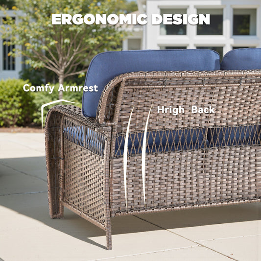 Outdoor Sofa PE Wicker Blue 3-Seat 75 in with T-Back Cushions