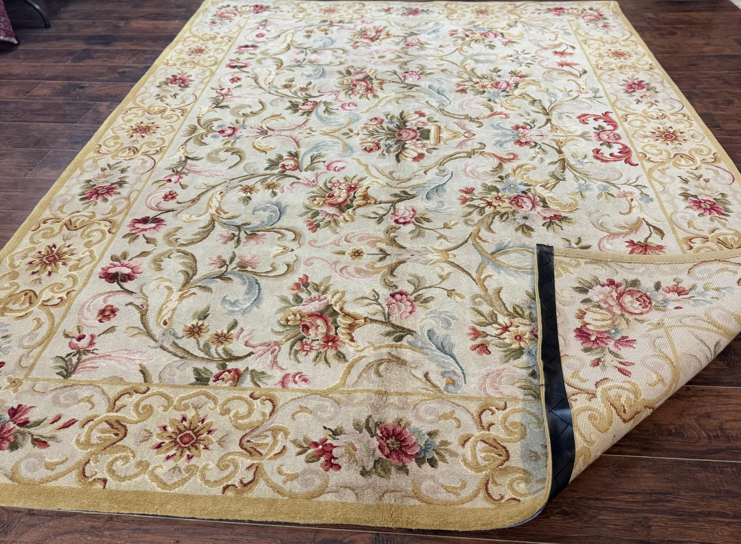 Aubusson Rug 8x10, French European Design, Vintage Handmade Wool Carpet, Aubusson Rug with Pile, Floral
