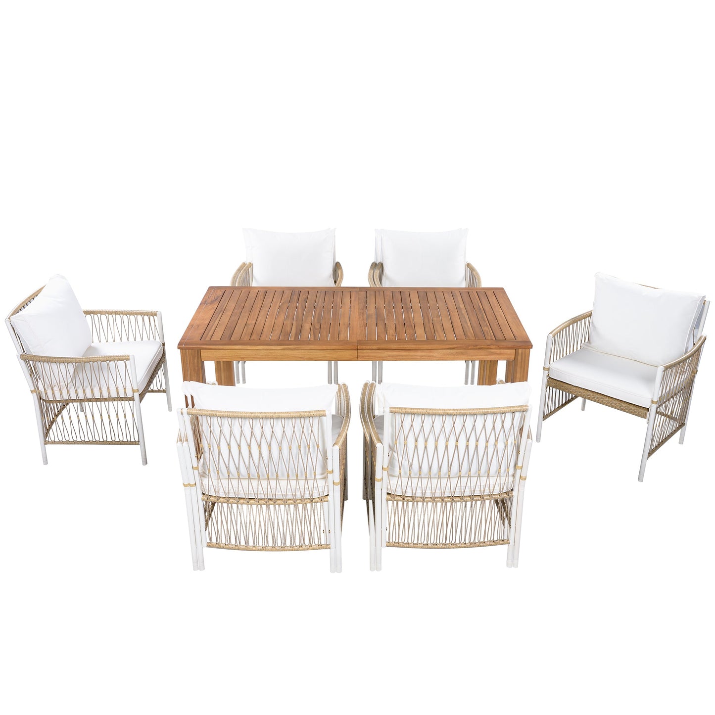 Patio Dining Set Rectangular, 67 Inch Wooden Table with 6 Rattan Armchairs