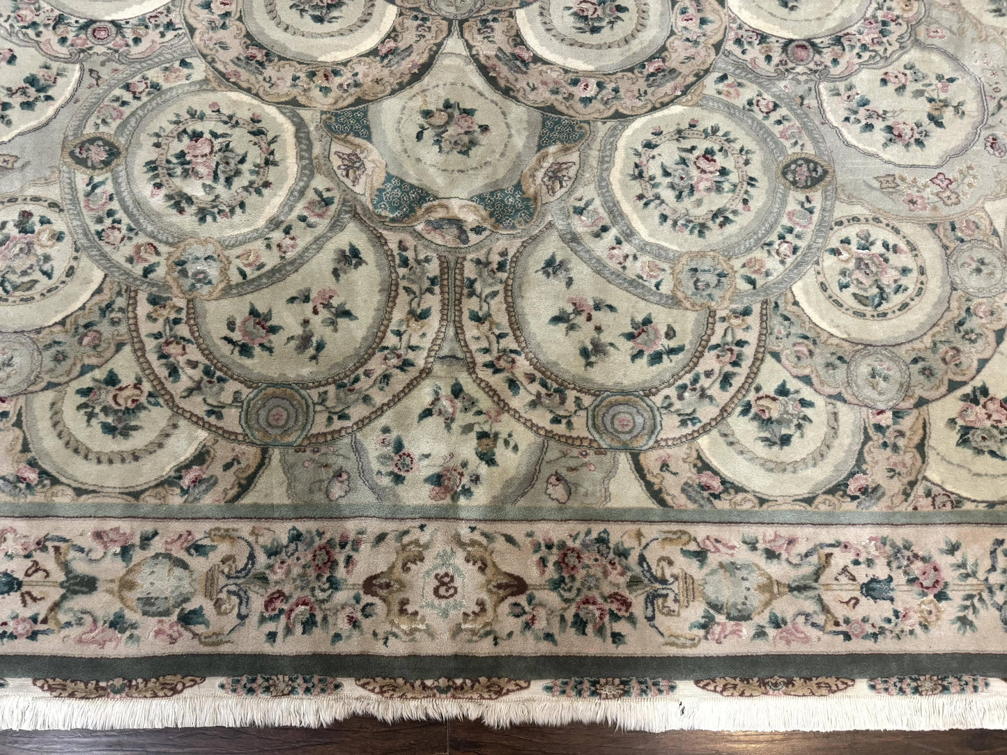 Pak Persian Rug 9x12, Wool with Silk Highlights, European Design, Floral, Green