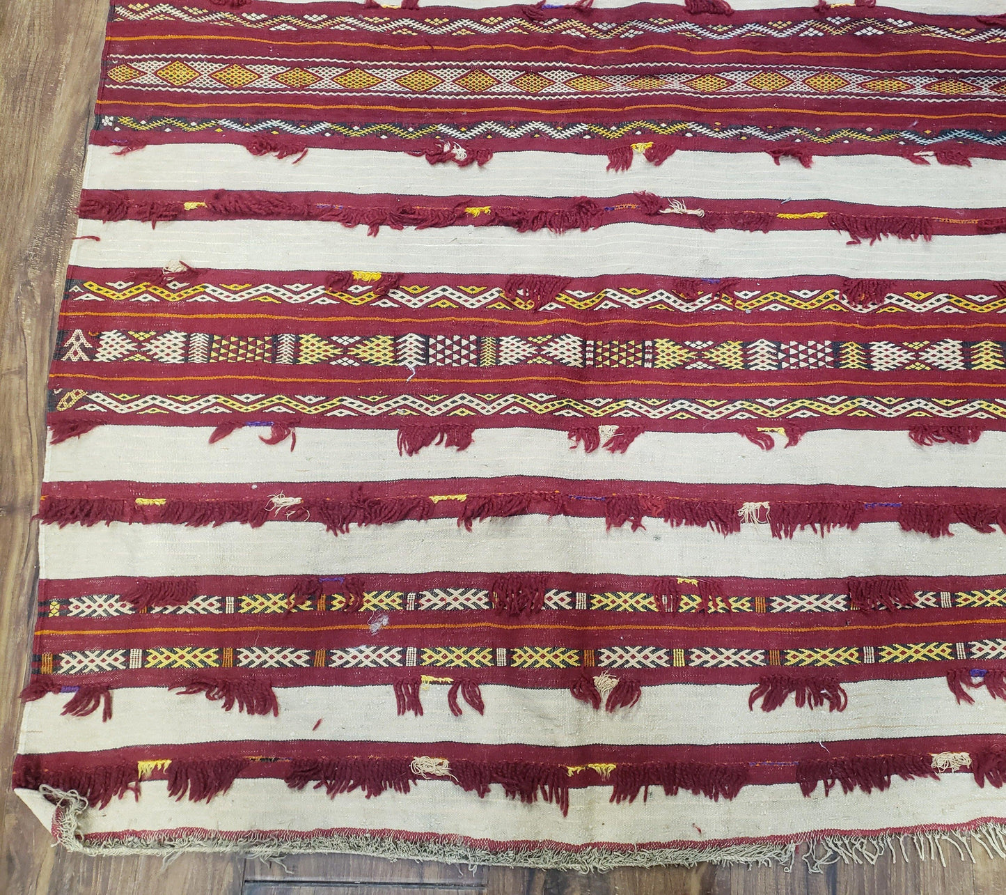 Antique Turkoman Yamud Rug 3x5 ft, 1920s Turkmen Sofreh Table Cover, Bohemian Rug, Tribal Collectible, Striped Rug, Handmade Ivory and Red
