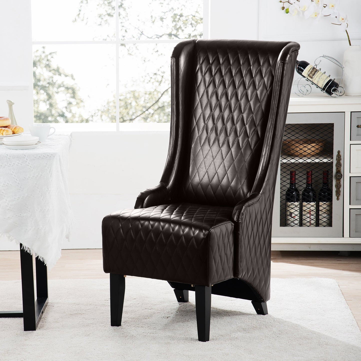 Accent Chair Wingback PU Leather Dark Brown High-Back Birch Legs 220 LB