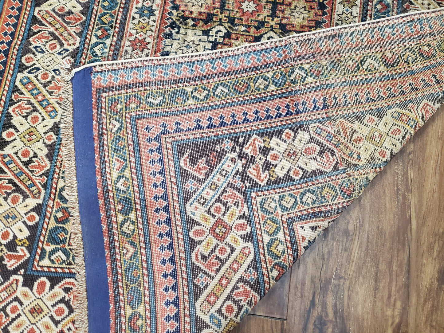 Caucasian Rug 3'9" x 5'7", Antique 1920s Collectible Caucasian Chi Chi Carpet, Hand Knotted, Colorful, Dark Blue Cream Red, Wool, Small Rug