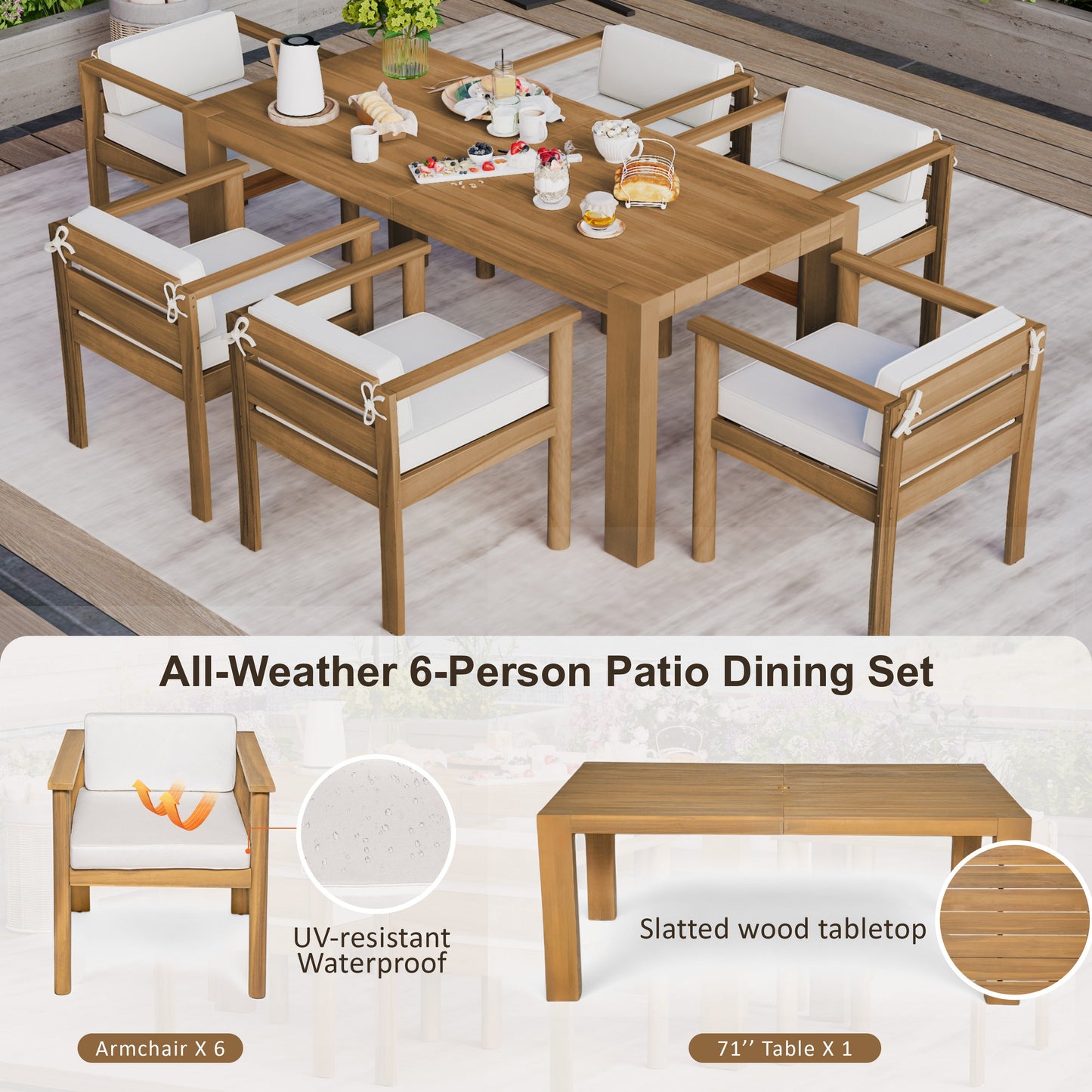 Patio Set Rectangle Light Teak with Removable Cushions for 6 72.8 Inch Table