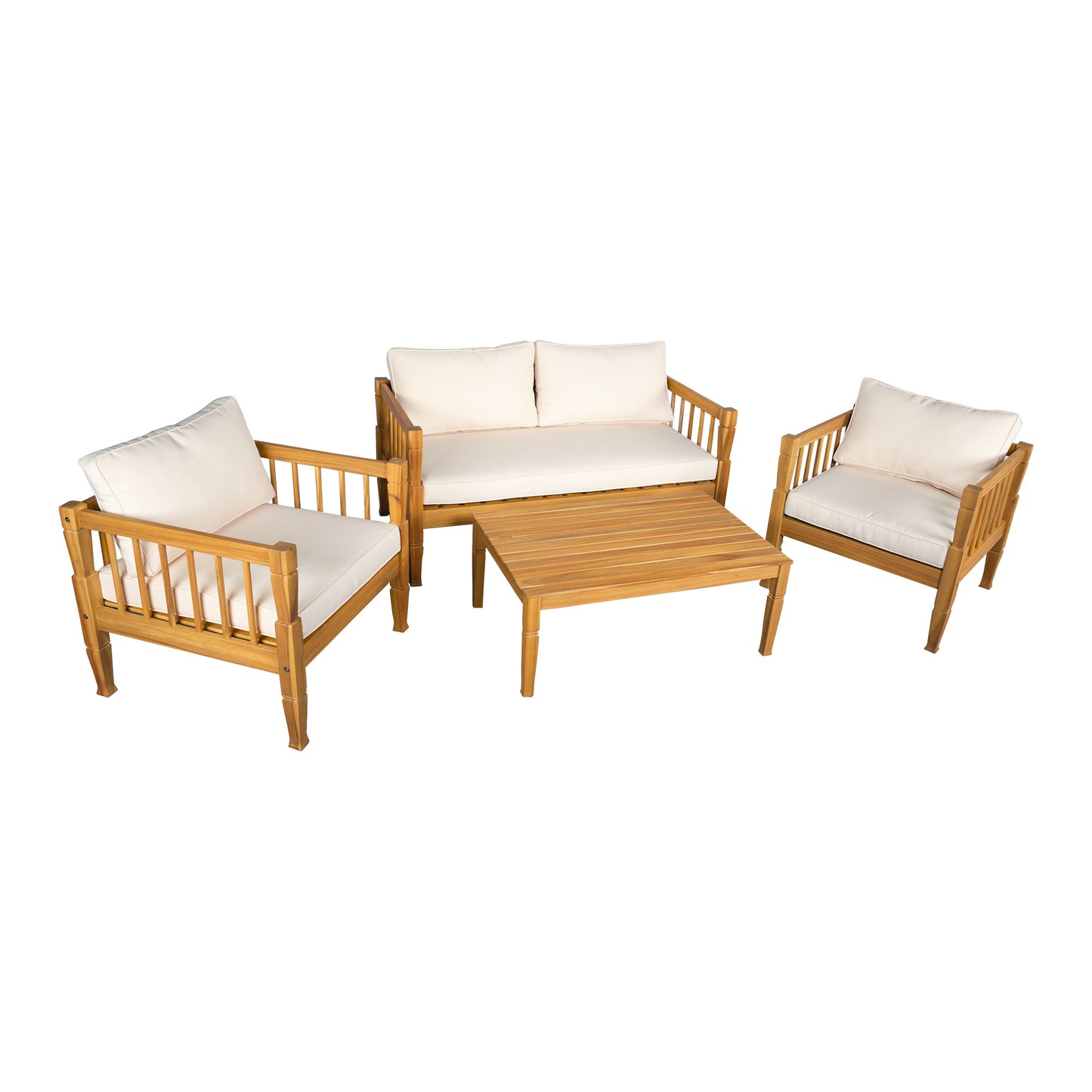 Patio Conversation Set 4-piece Teak Finish with Coffee Table and Cushions