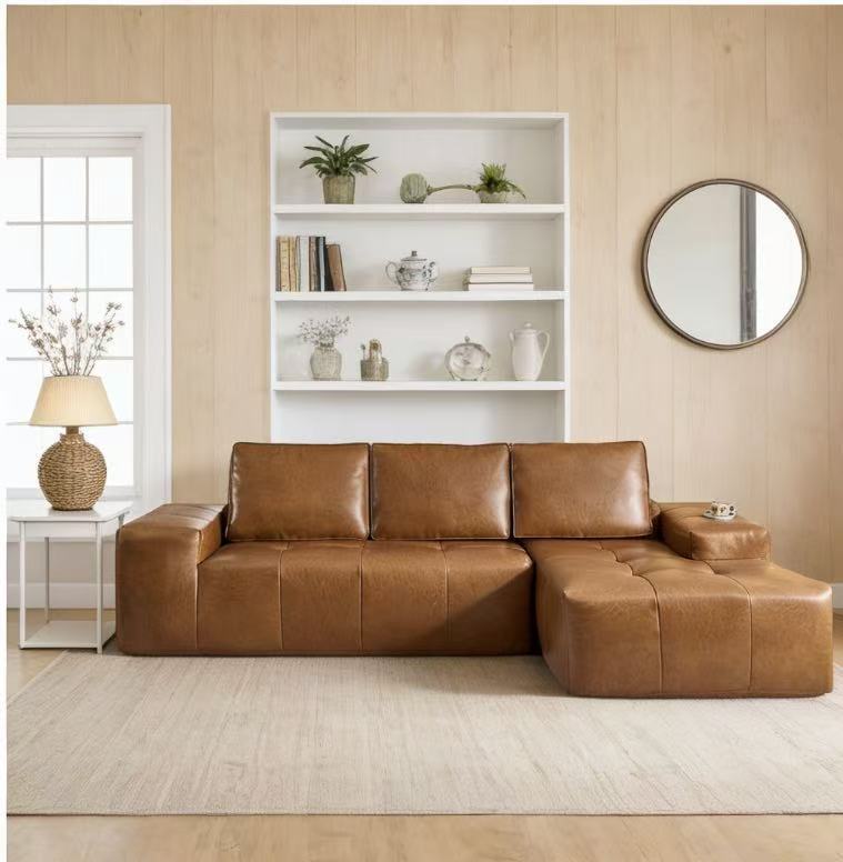 Sectional Sofa L-Shape Faux Leather Brown 3 Seat with Chaise 114 In