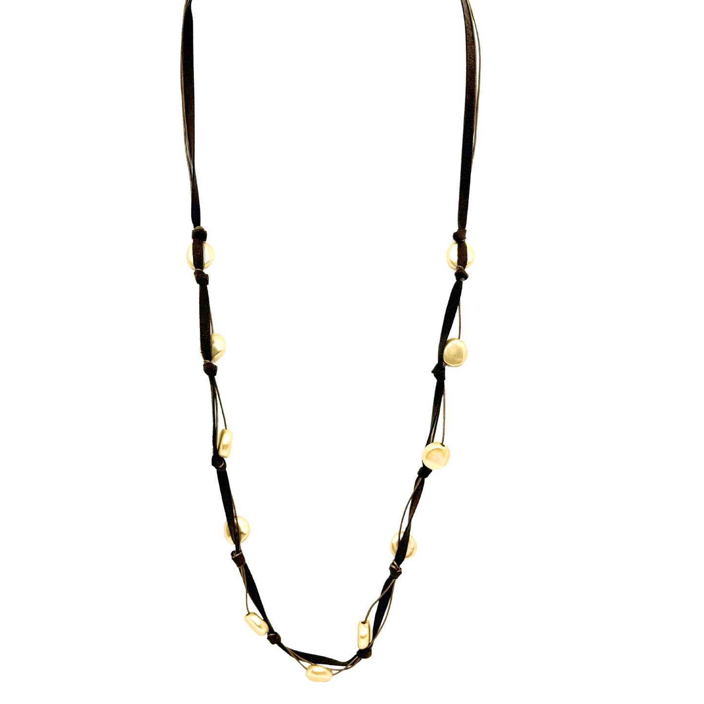 Matte Gold Beads On Chocolate Suede And Bronze Leather Long Necklace