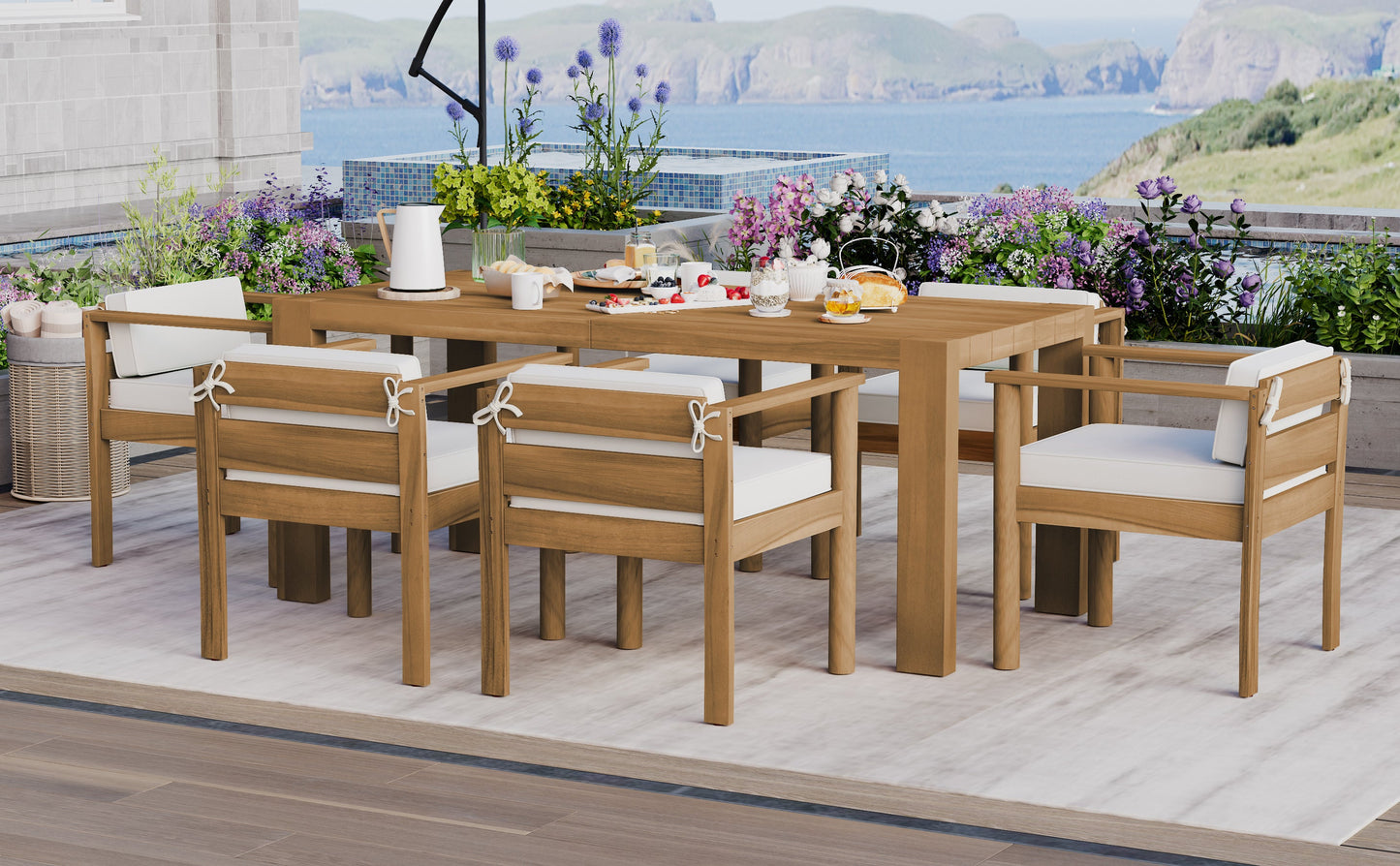 Patio Set Rectangle Light Teak with Removable Cushions for 6 72.8 Inch Table
