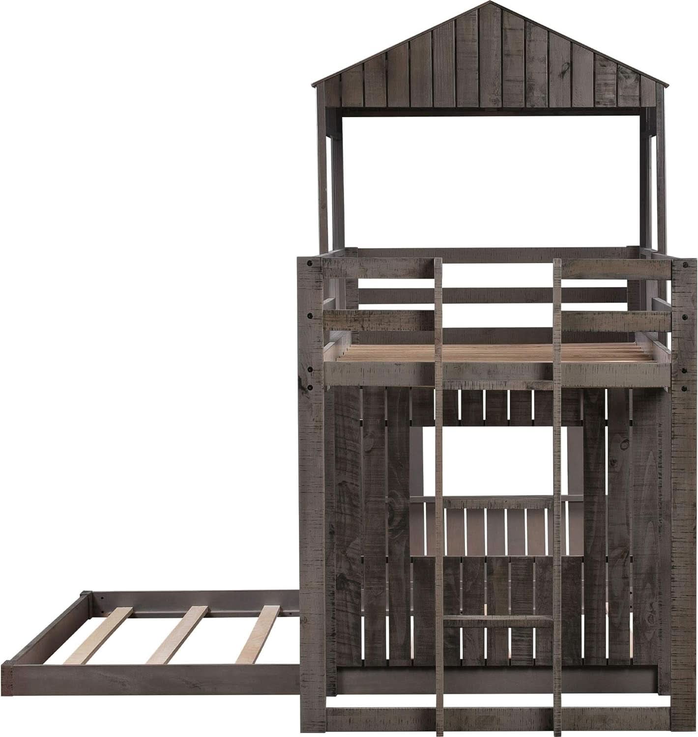 House Twin Over Full Luxury Bunk Beds Wood Distressed Grey