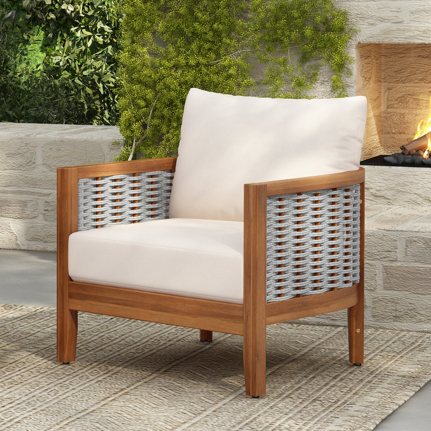 Outdoor Tub Design Armchair with Acacia Wood Teak Finish Beige Cushions