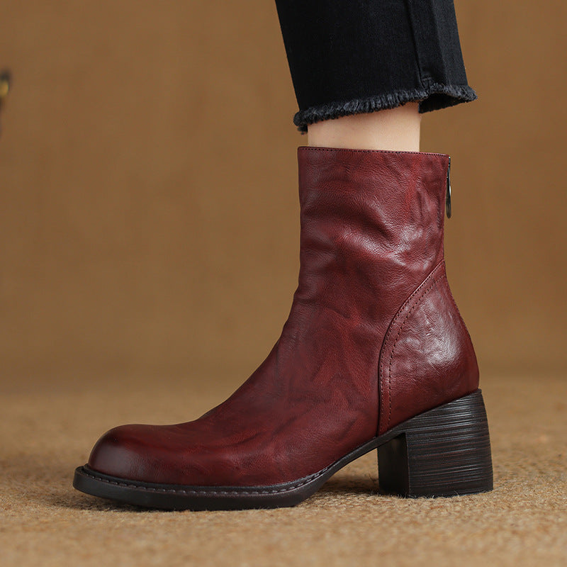 Women's Retro Pointed-Toe Ankle Boots | Chunky Heel Back Zipper Sheepskin