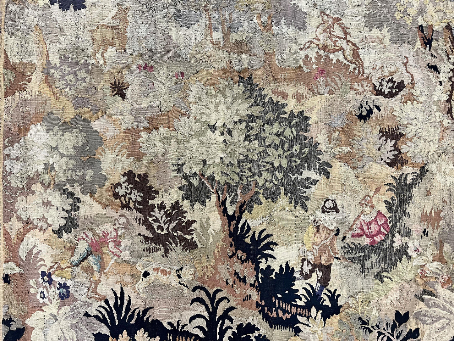 Antique French Tapestry 6x5 ft, European Handmade Wool Aubusson Weave Vintage Tapestry