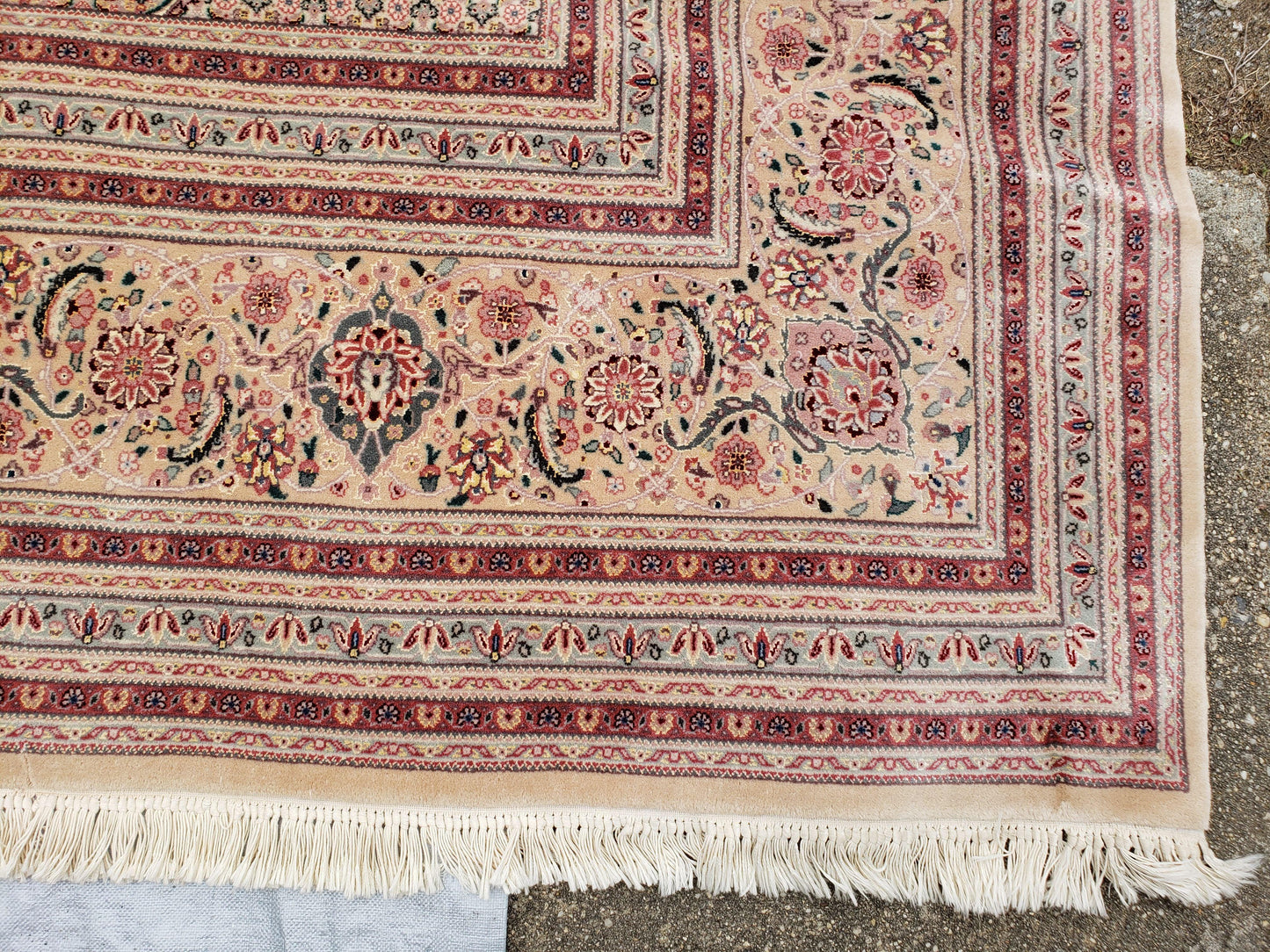 Stunning Oversized Pak Persian Oriental Rug 12x15, Hand Knotted Wool & Silk Palace Sized Carpet, Mahi Pattern, Very Fine, Peach Beige, Wow