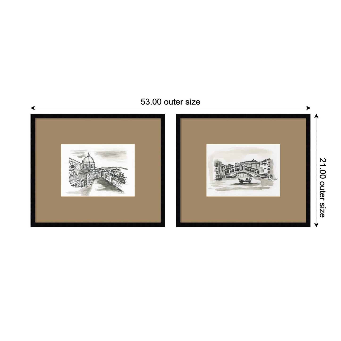 Vintage Postcard Florence & Venice 2 Piece Framed Wall Art Print Set by Teju Reval Brown Mat