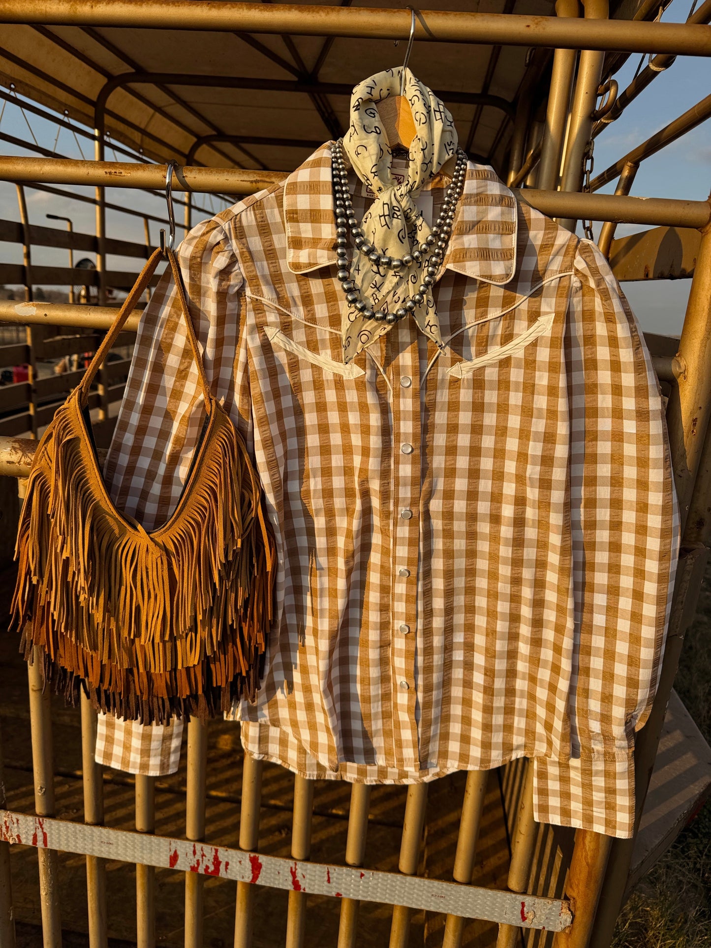 The Tan Gingham Pearl Snap Top-BEST SELLER