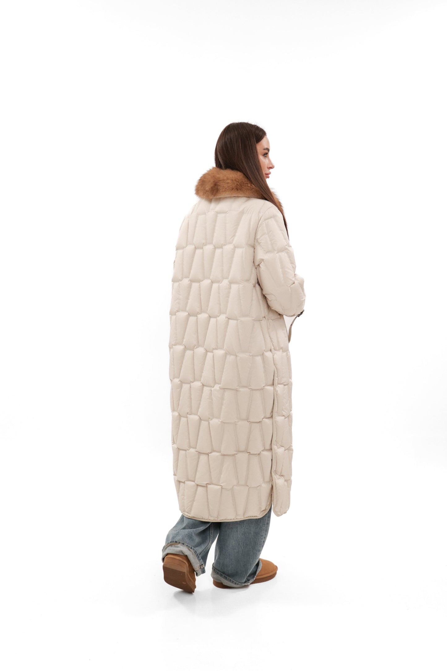 Riley Genuine Fur Trim Down Fill Coat in Ivory