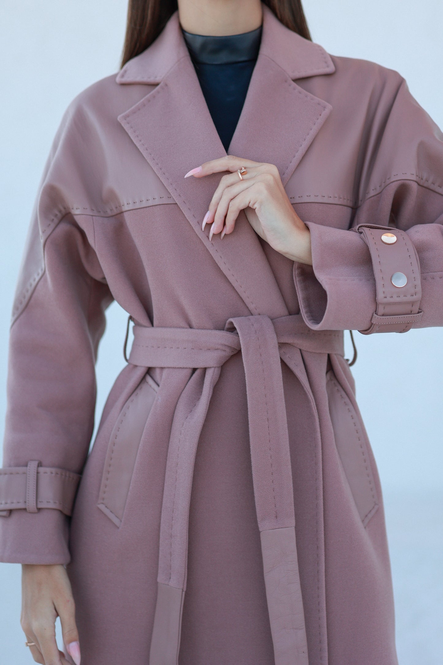 Rose Leather Trim Cashmere Blend Overcoat