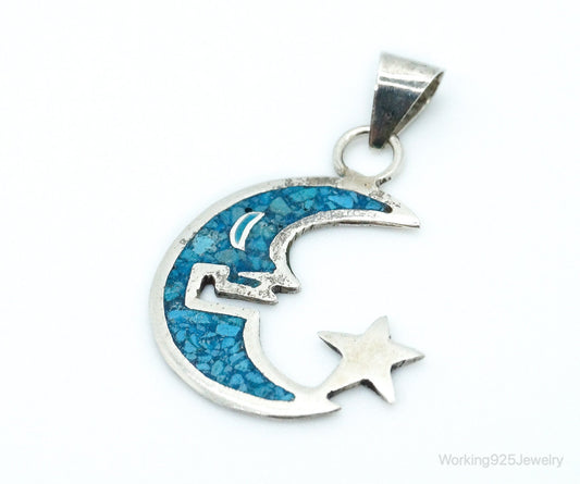 Large Vintage Mexico Turquoise Sterling Silver Moon Necklace Pendant