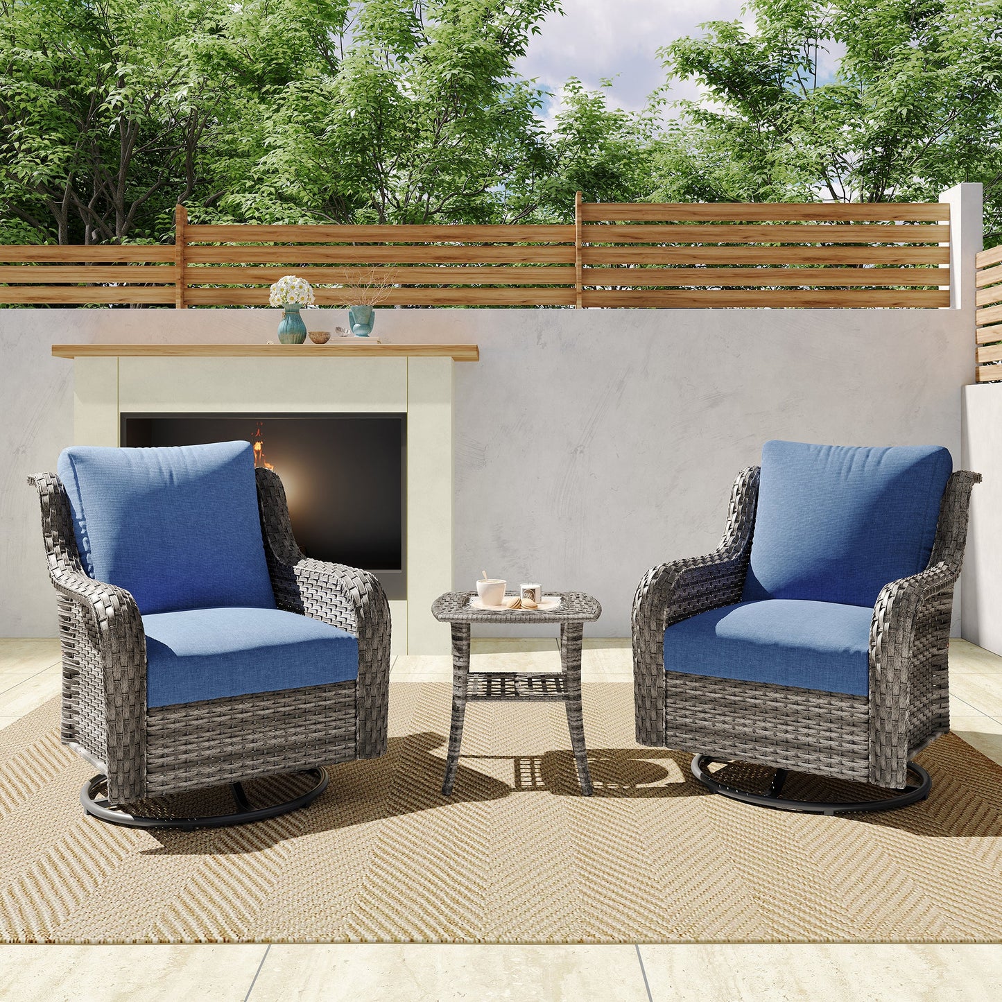 Outdoor Wicker Rattan Swivel Chairs Set of 2 with Side Table