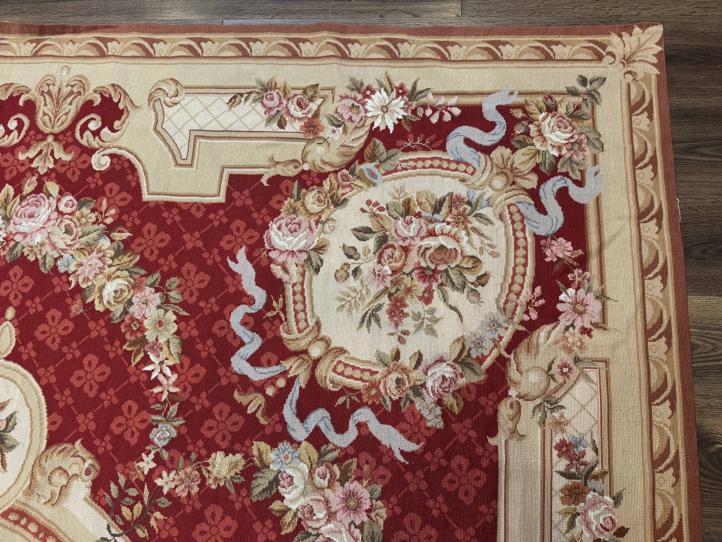Aubusson Rug 8x11, Needlepoint Carpet, Red Ivory Beige, Vintage, French European Design