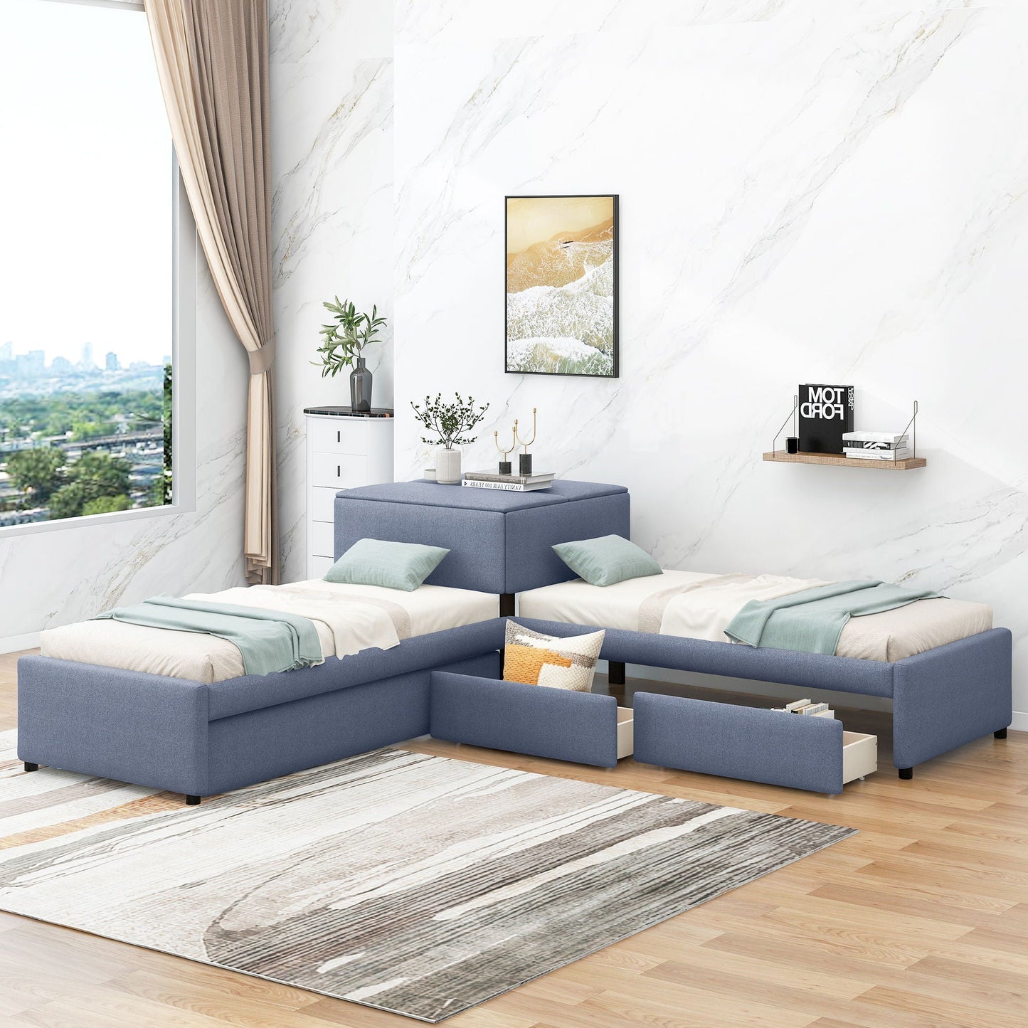 L Shaped Upholstered Platform Bed With Trundle And 2 Drawers Linked With Built In Desk