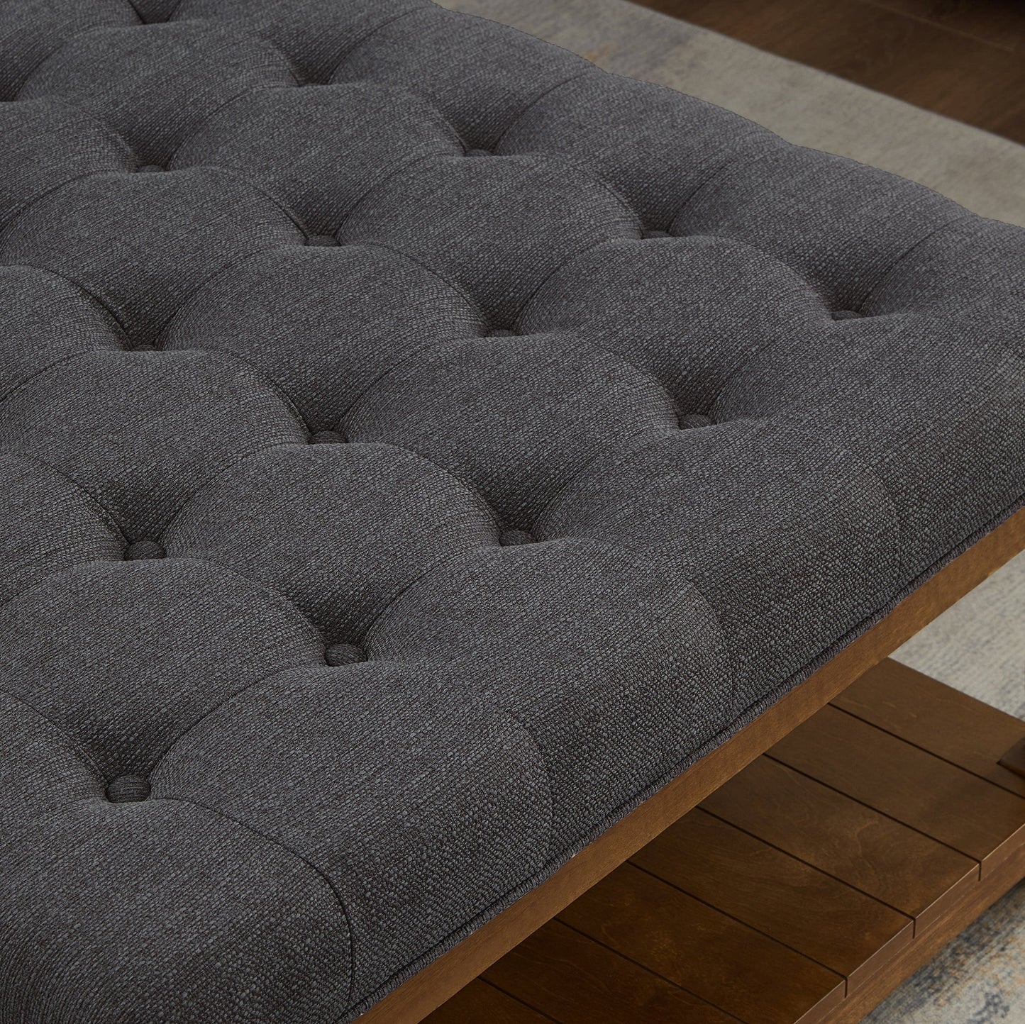 Large Square Upholstered Tufted Linen Ottoman Coffee Table, Charcoal