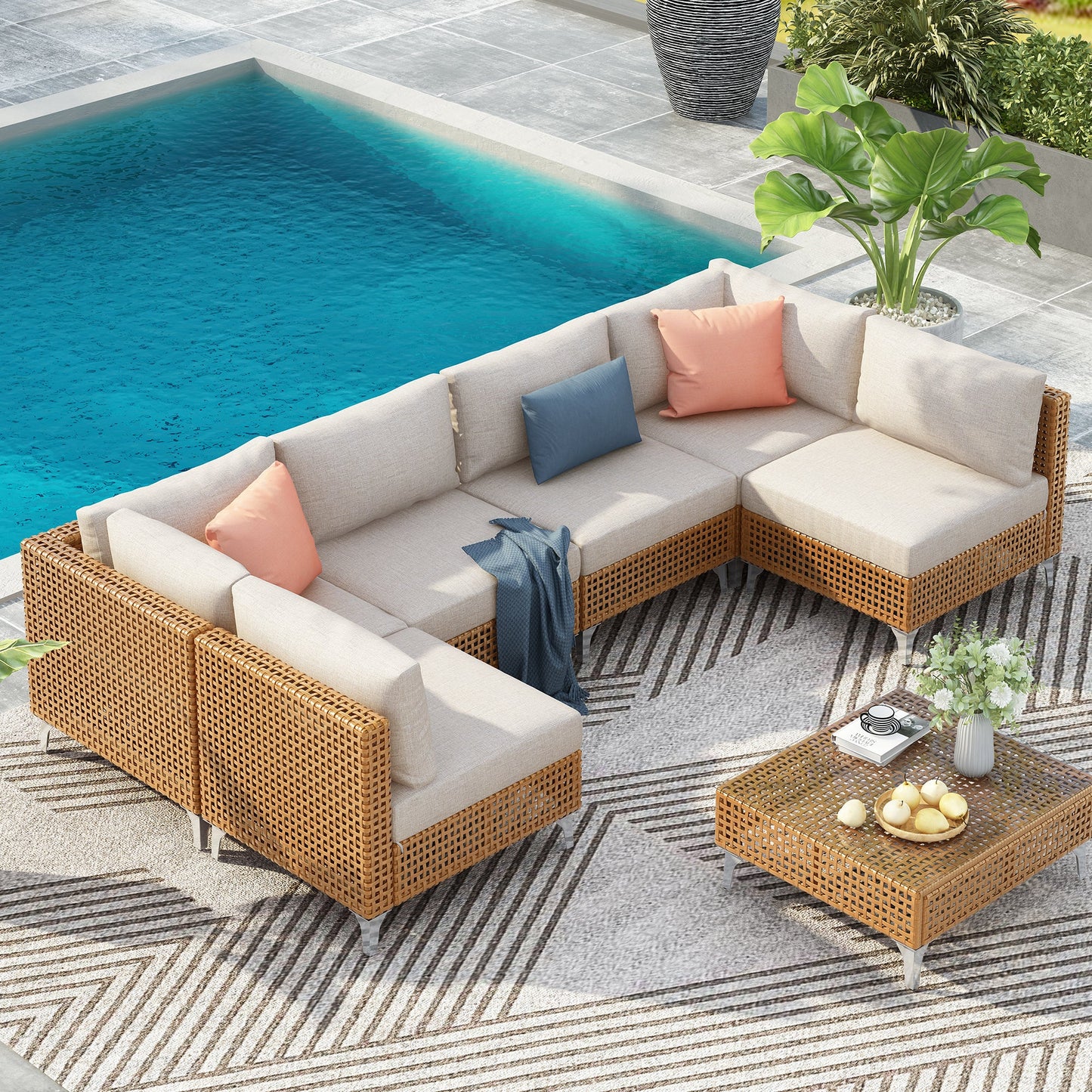 Patio Set Wicker Sectional with Water Resistant Beige Cushions and Coffee Table