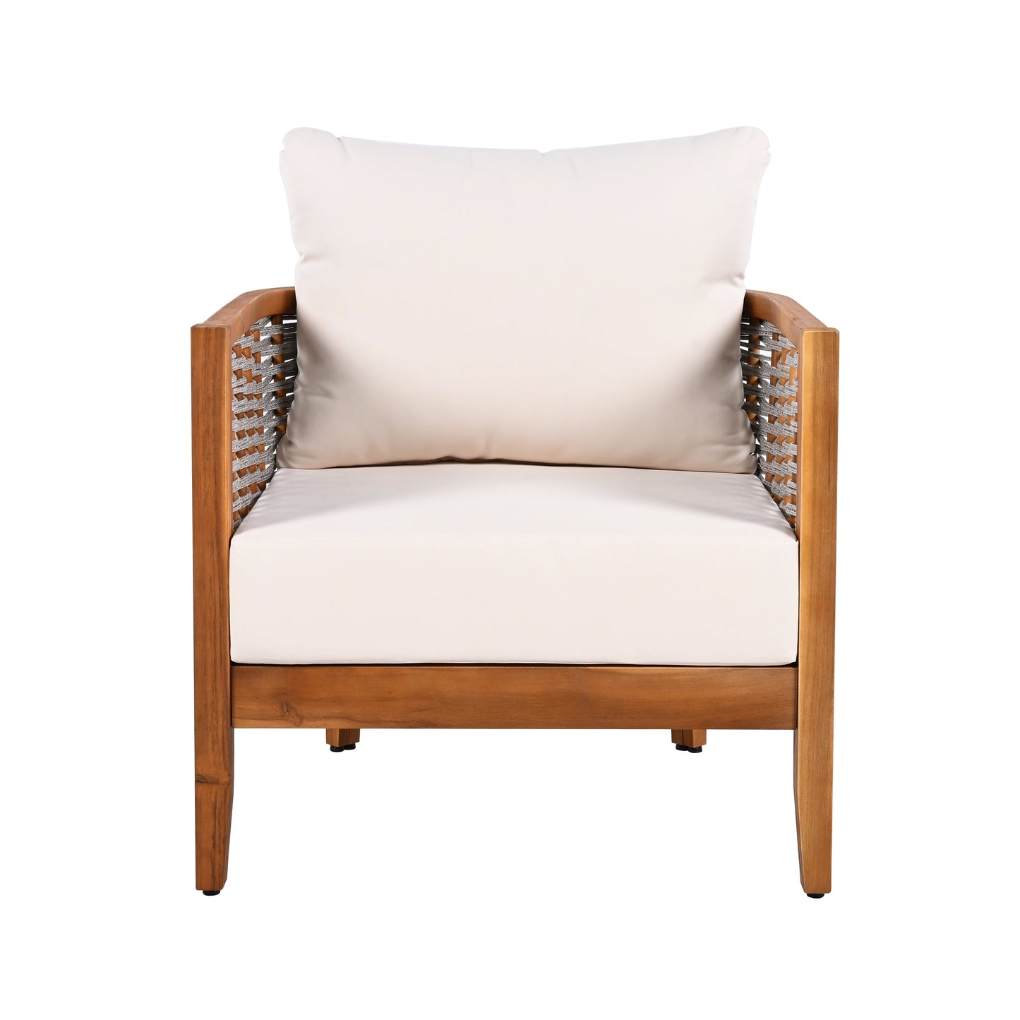 Outdoor Tub Design Armchair with Acacia Wood Teak Finish Beige Cushions