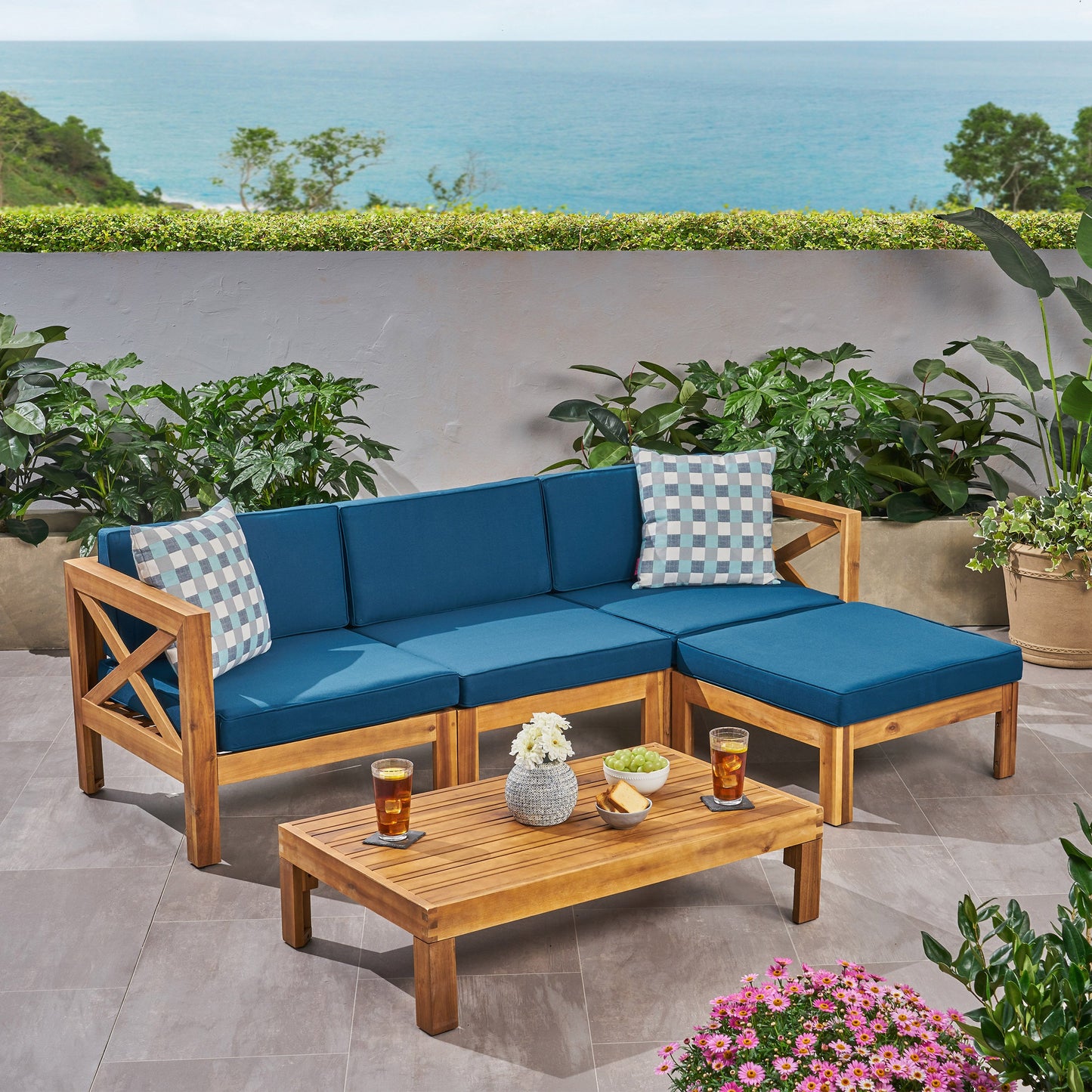 Outdoor L-Shaped Sofa Set with Coffee Table Dark Blue Cushions Teak 5-piece