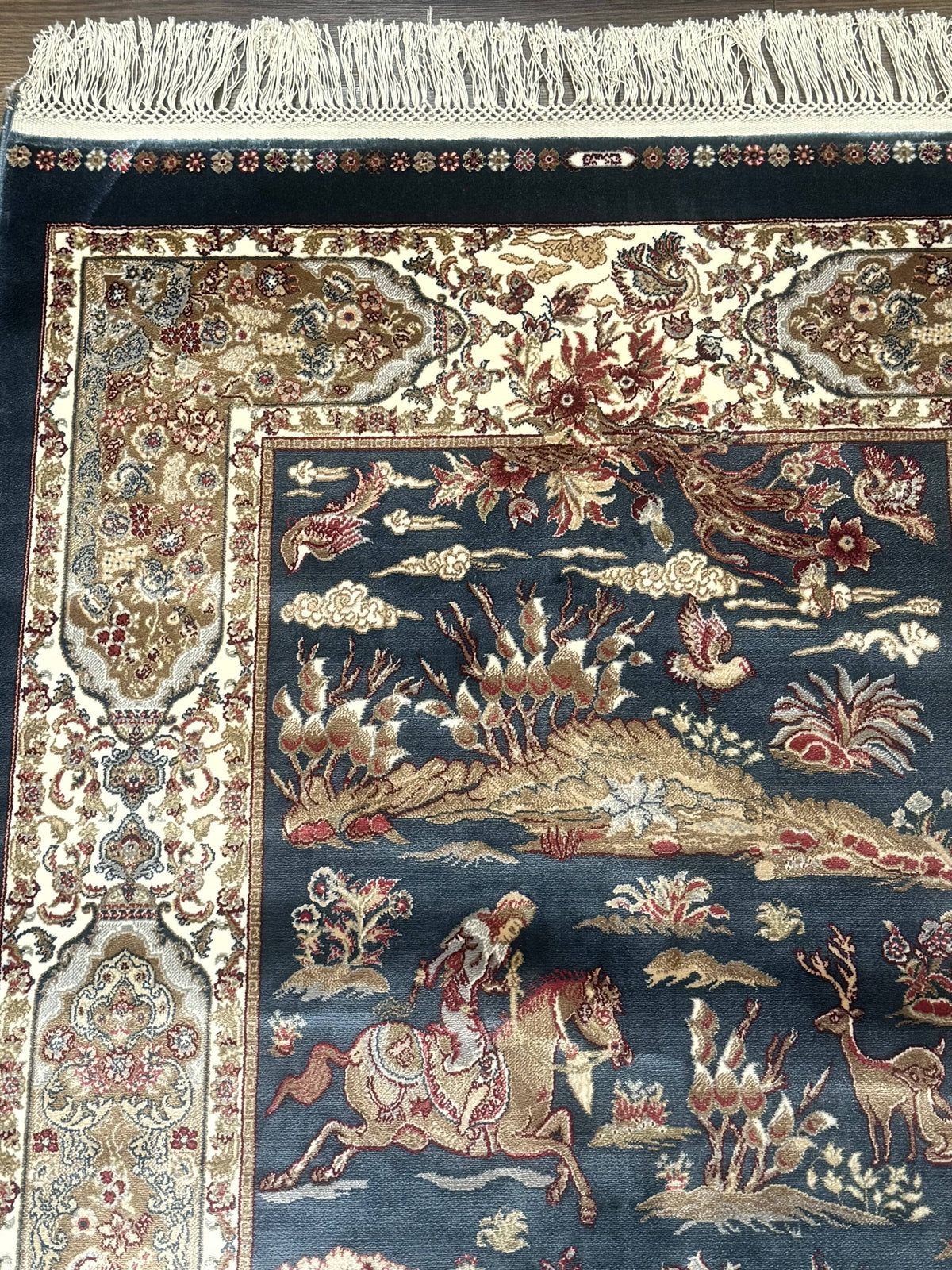 The Sporting Estate Turkish Hunting Scene Rug — Dark Steel Blue &amp; Ivory