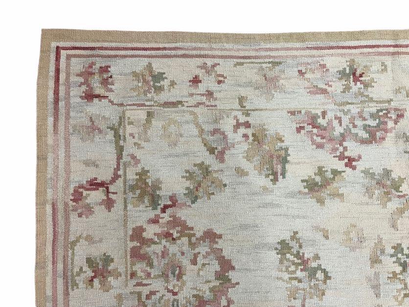 9x12 Flatweave Aubusson Needlepoint Rug, New, Beige, Tan, Green, Handmade, Hand-Knotted Area Rug, French European Carpet, Flowers