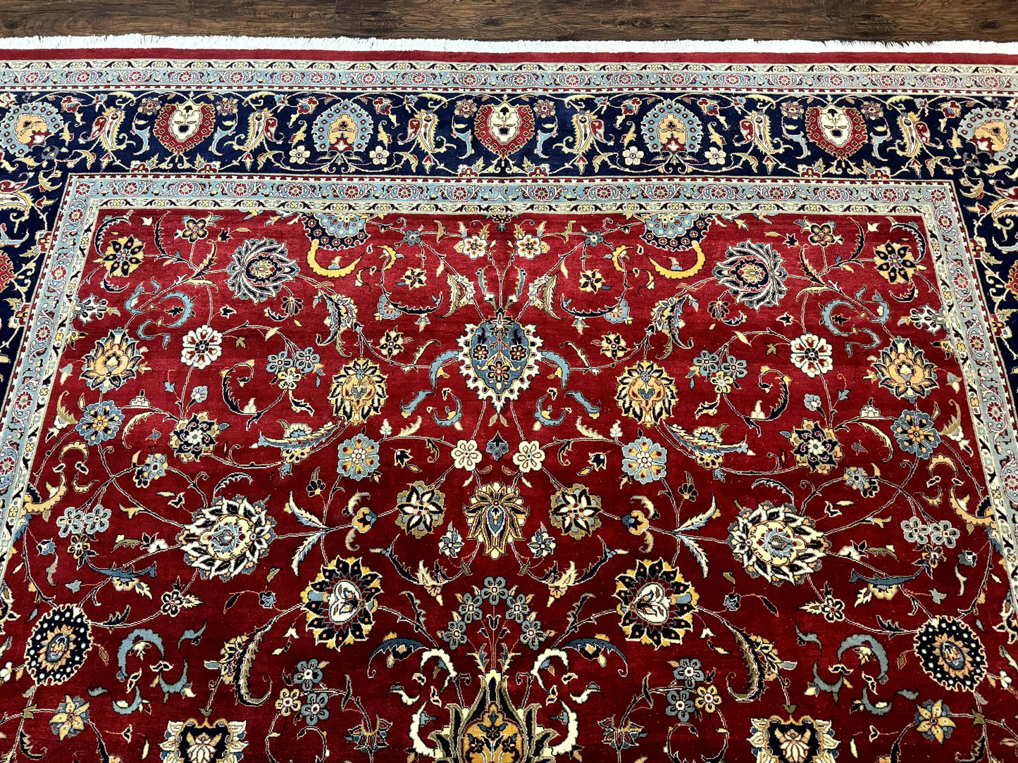 Pak Persian Rug 9x12, Red and Navy Blue, Floral Allover, Hand Knotted Vintage Wool Carpet, Fine 260 KPSI