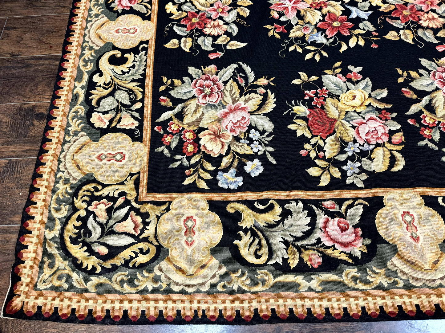 Palace Size Needlepoint Rug 12x16, Black and Colorful, Floral Panel, Handmade Oversized Wool Needlepoint Carpet, Rare