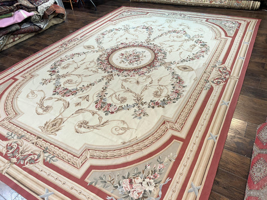 Large Aubusson Rug 10x14, Elegant French European Floral Design, Vintage Handmade Wool Room Sized Carpet, Ivory