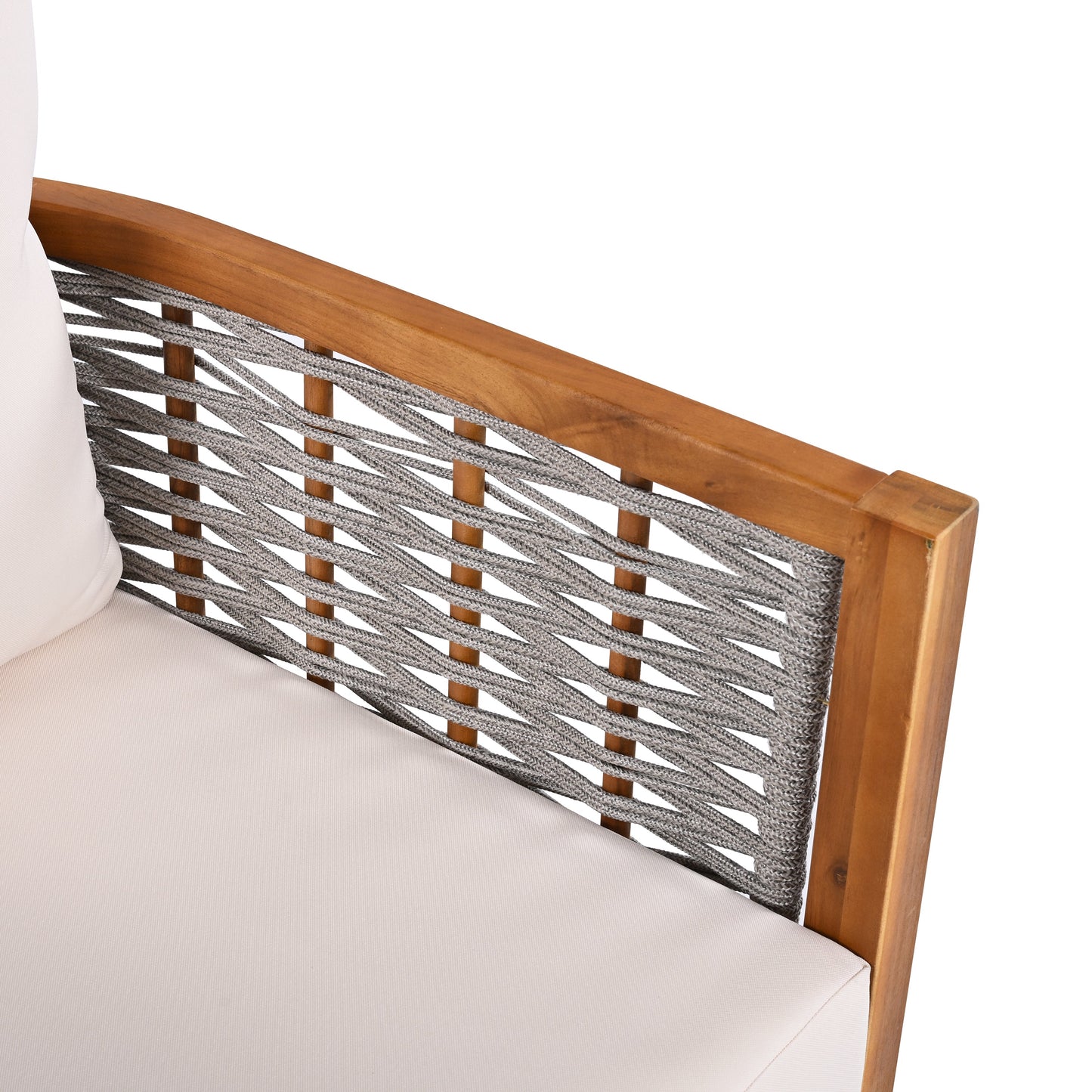 Outdoor Tub Design Armchair with Acacia Wood Teak Finish Beige Cushions