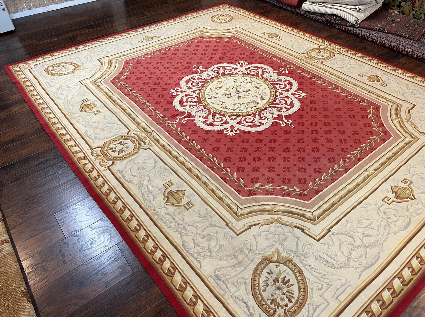 Aubusson Rug 9x12 ft, Red and Ivory Elegant Aubusson Carpet, Flatweave, Vintage Wool Handmade Area Rug 9 x 12, French European Design