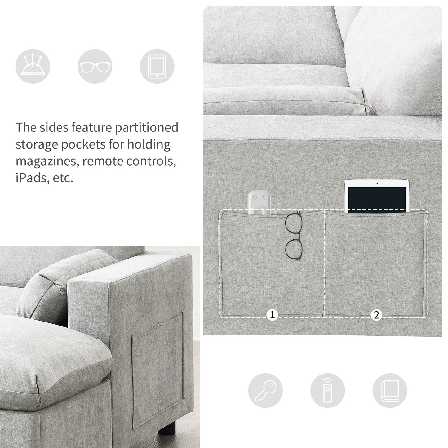 Modular Sectional With Storage Pockets, 5 Seat U Shaped Couch Set With Pillows, Free Combination Modern Cloud Sofa With 2 Movable Ottoman