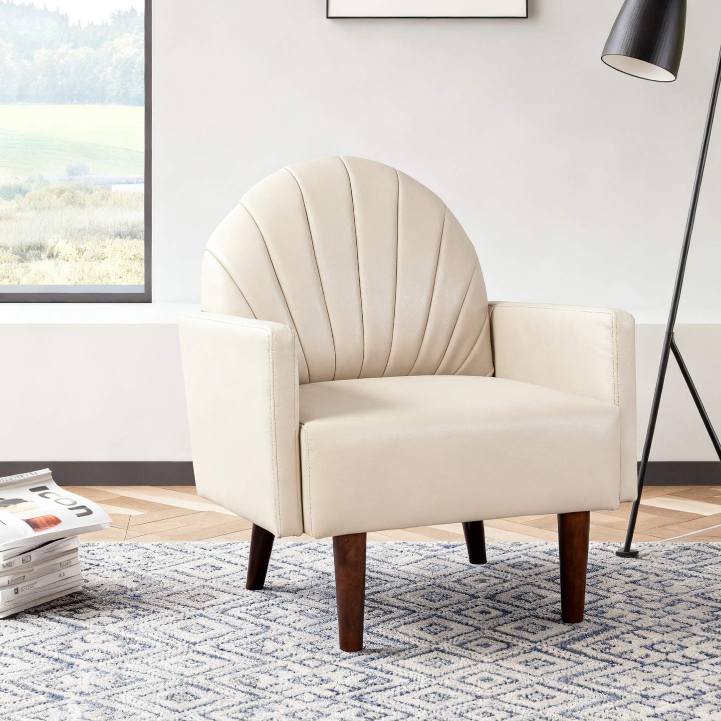 Accent Chair Shell-Shape PU Leather Khaki Solid Wood Legs Easy Assembly