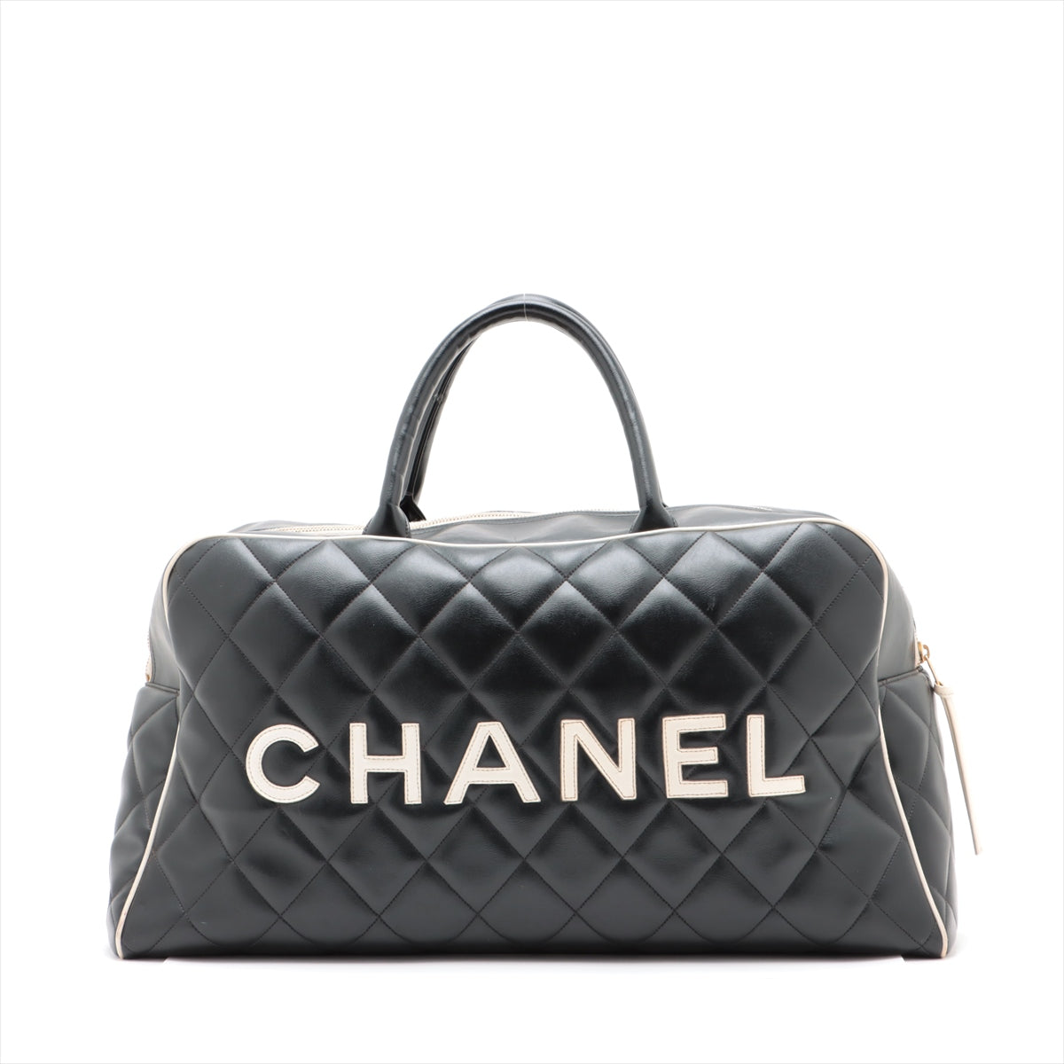 Chanel Logo Matelasse Black Quilted Calfskin Bowler Boston Bag #2504