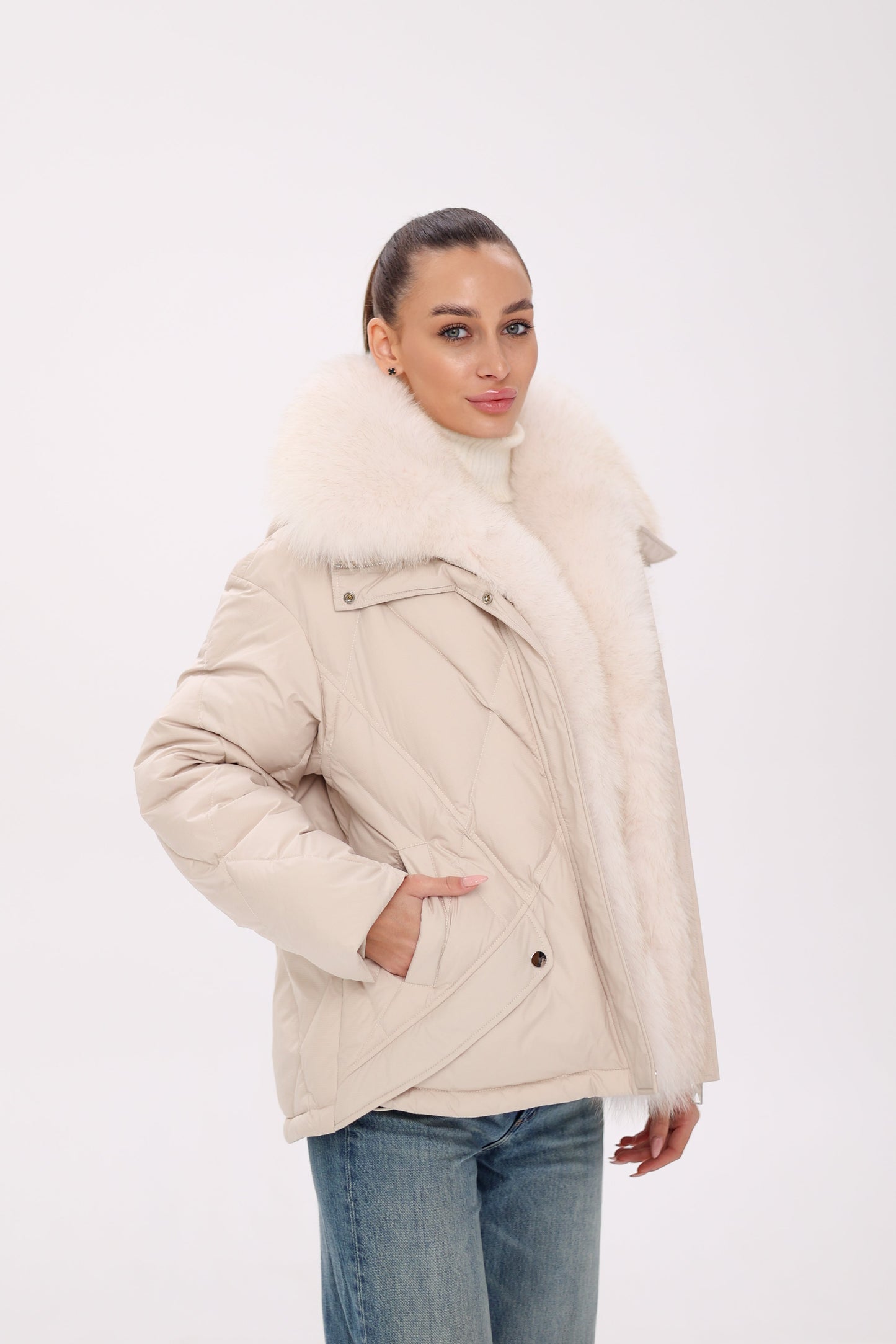 Genuine Polar Fox Fur Down Insulated Parka in Ivory