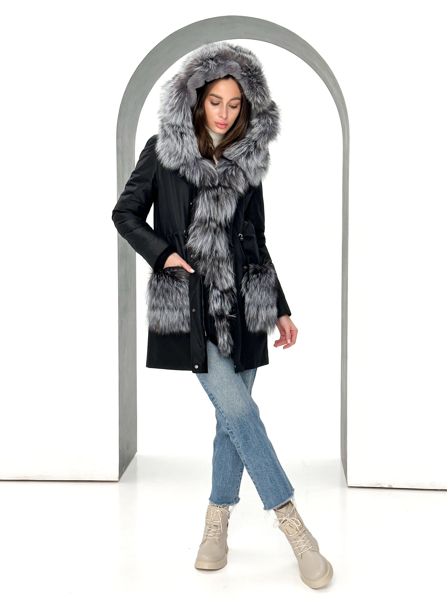 Roma Genuine Silver Fox Fur Rabbit Fur Insulated Parka in Black