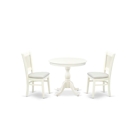 EAST WEST FURNITURE - AMVA3-LWH-C - 3-Piece Dinette Set- 2 Dining Room Chair and Round Dining Table - Linen Fabric Seat and Slatted Chair Back (linen white Finish)