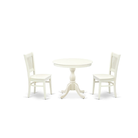 EAST WEST FURNITURE - AMVA3-LWH-W - 3-Pc Dining Room Table Set- 2 Dining Room Chair and Dining Table - Wooden Seat and Slatted Chair Back (linen white Finish)