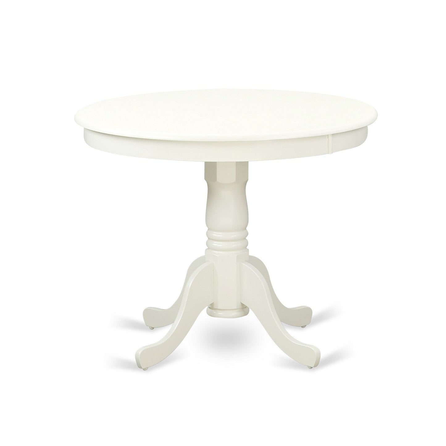 EAST WEST FURNITURE - ANVA3-LWH-C - 3-Pc Dining Room Table Set- 2 Wooden Chairs and Round Dining Table - Linen Fabric Seat and Slatted Chair Back (linen white Finish)